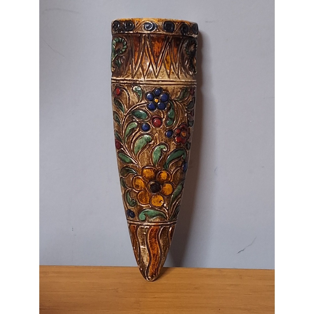 Vintage Tokanabe Japanese Wall Pocket Vase Floral Hand Painted 8.5"